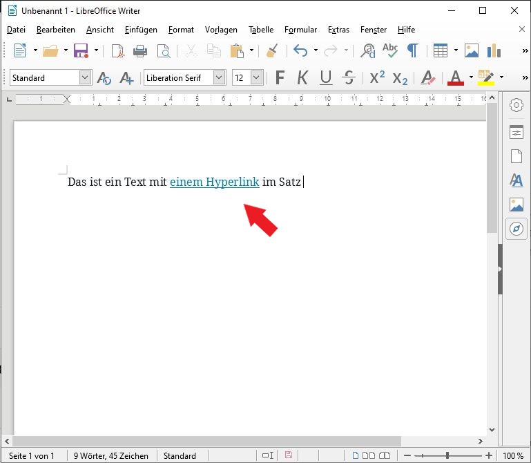 Ein Hyperlink in einem Text in LibreOffice