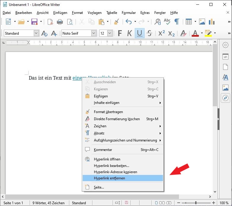 LibreOffice:Macht einen Rechtsklick auf euren Hyperlink und wählt Hyperlink entfernen