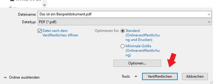 Klickt im Windows Fenster einfach nur noch auf veröffentlichen bzw. speichern.