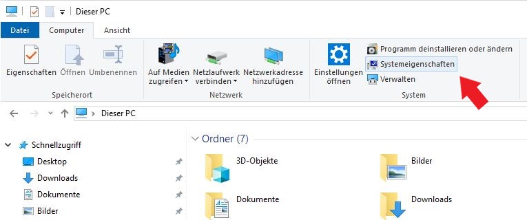 Windows 10: Klicke auf die Schaltfäche / Button Systemeigenachaften