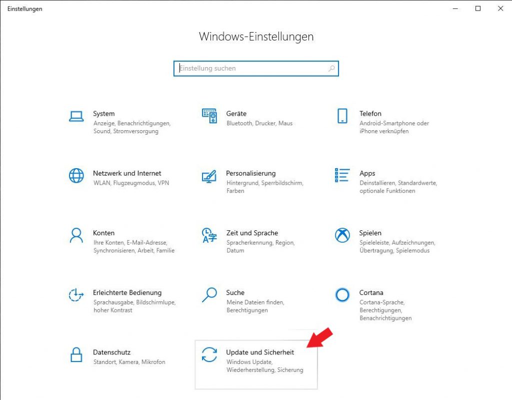 Windows 10: Klickt auf den Punkt Update und Sicherheit