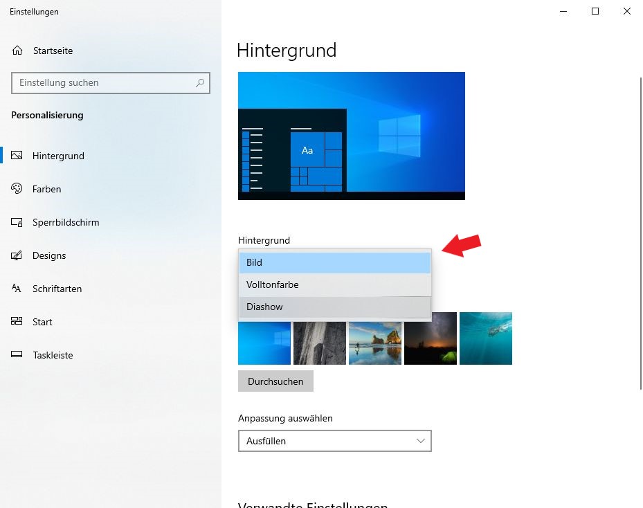 Windows 10: Auch Diashows und Volltonfarbe sind als Hintergründe möglich.