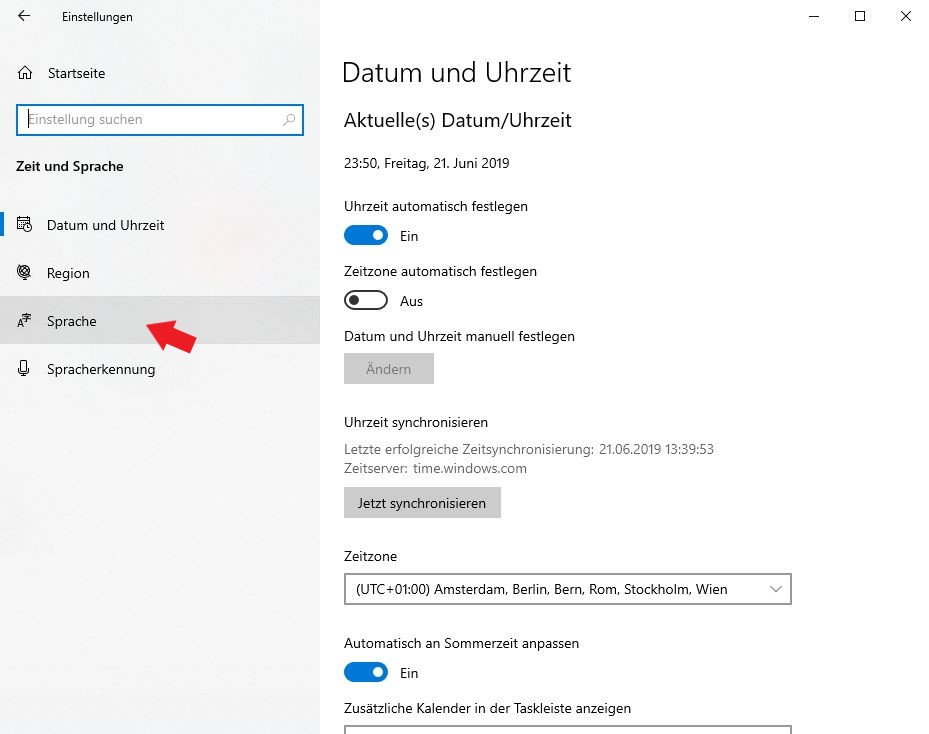 Windows 10: Klickt nun auf den Reiter Sprache