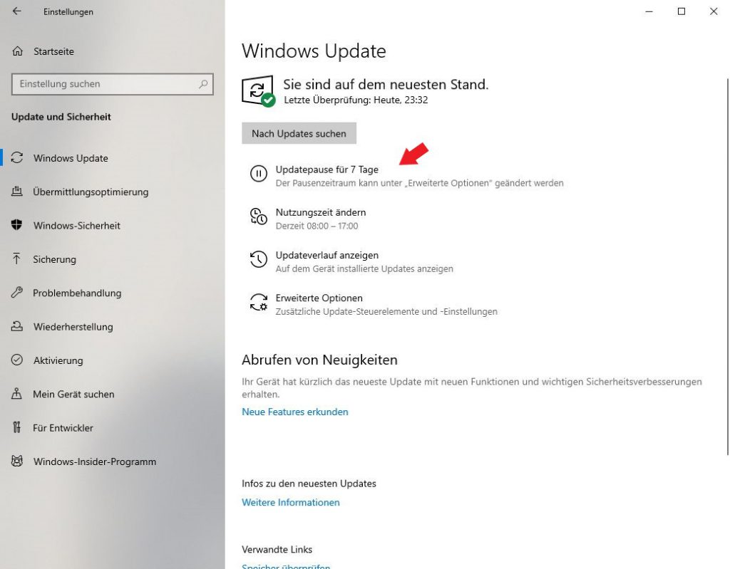 Windows 10: Klickt auf den Punkt Updatepause für 7 Tage um die Updates für 7 Tage zu pausieren.