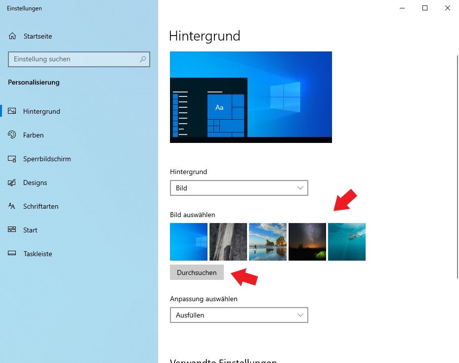 Windows 10: Ändert hier einfach euren Hintergrund in eines der vorgegebenen Bilder, oder ladet ein eigenes aus euren Dateien