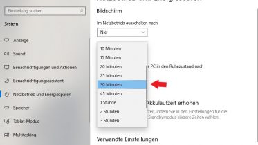 Windows 10 Energiespareinstellungen
