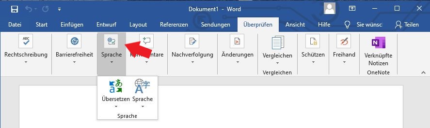 Microsoft Word: Klickt nun ganz einfach auf den Unterpunkt Sprache. / Microsoft Office