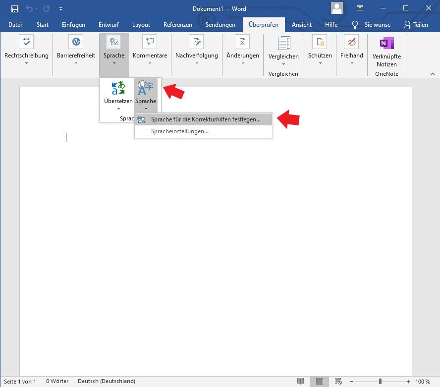 Microsoft Word: Klickt ganz einfach auf Sprache für die Korrekturhilfen festlegen / Microsoft Office