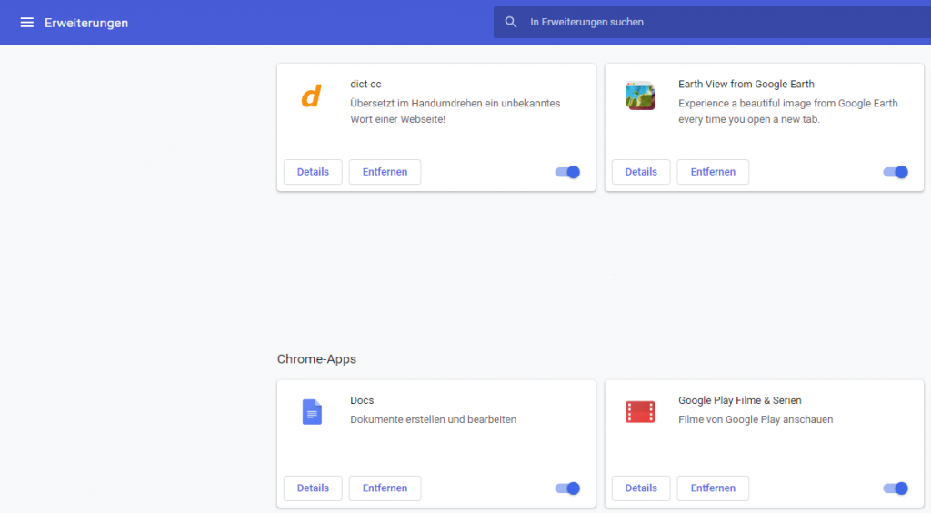 Google Chrome: Installierte Chrome Erweiterungen
