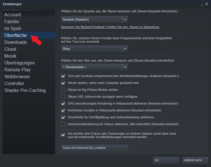 Steam: Klickt in den Einstellungen ganz einfach auf den Reiter Oberfläche