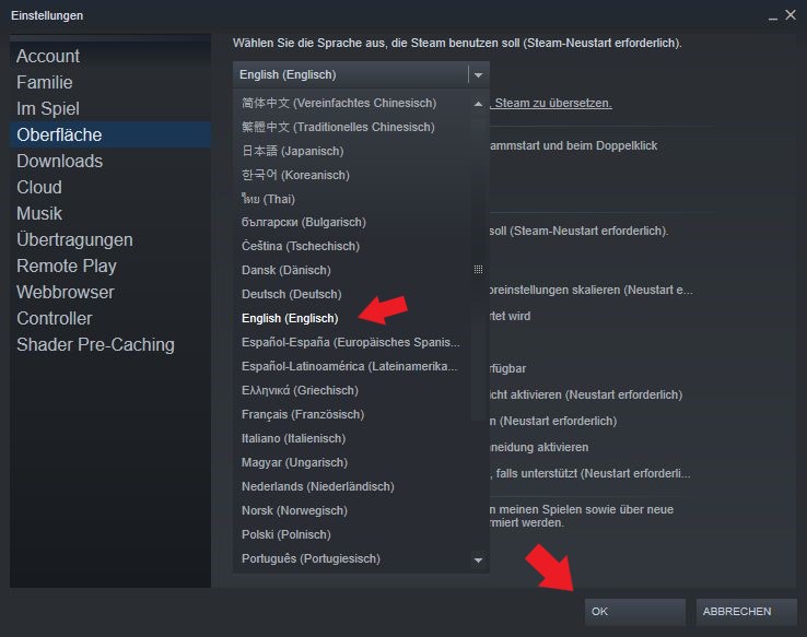 Steam: Hier kann man ganz einfach mehrere Sprachen wie zum Beispiel Englisch auswählen