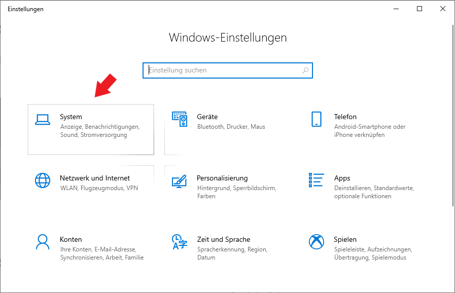 Windows 10: Einstellungen -> System