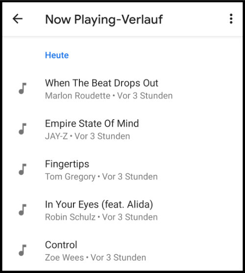 Google Pixel Now Playing-Verlauf Musik