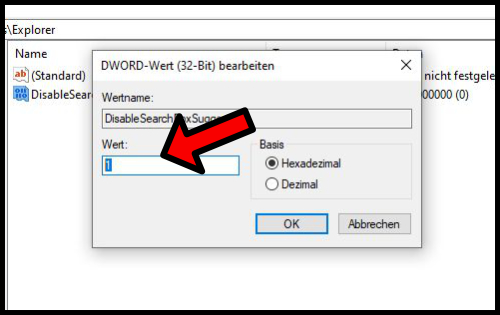DisableSearchBoxSuggestions Windows 10 Wert 1