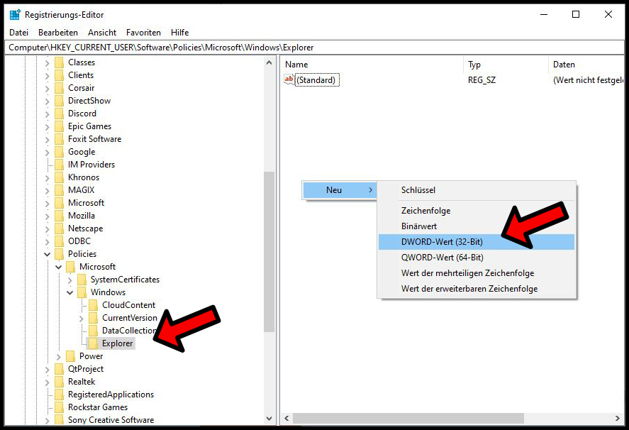 Windows 10 regedit dword 32 bit Schlüssel erstellen