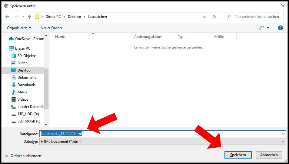 Google Chrome Lesezeichen exportieren html Datei
