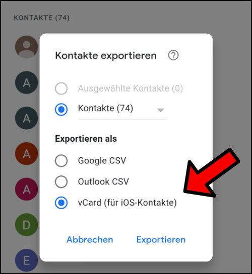 Google Kontakte exportieren iPhone vCard