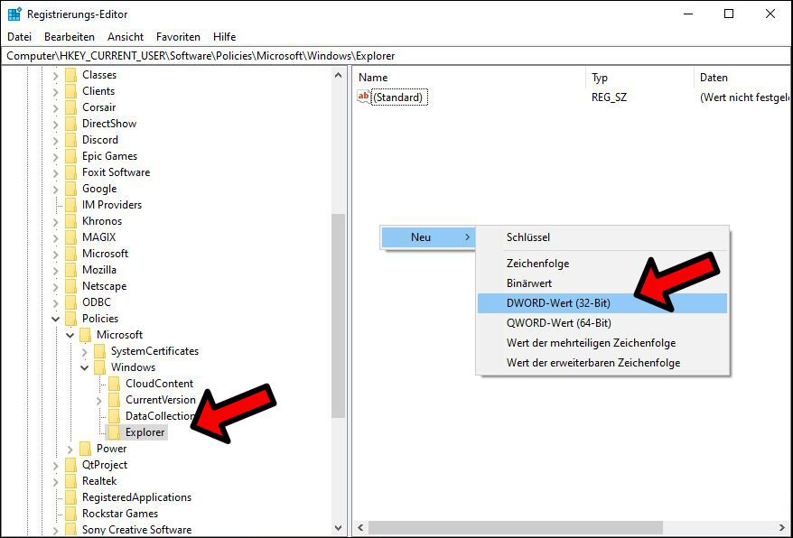 Windows 10 regedit dword 32 bit Schlüssel erstellen