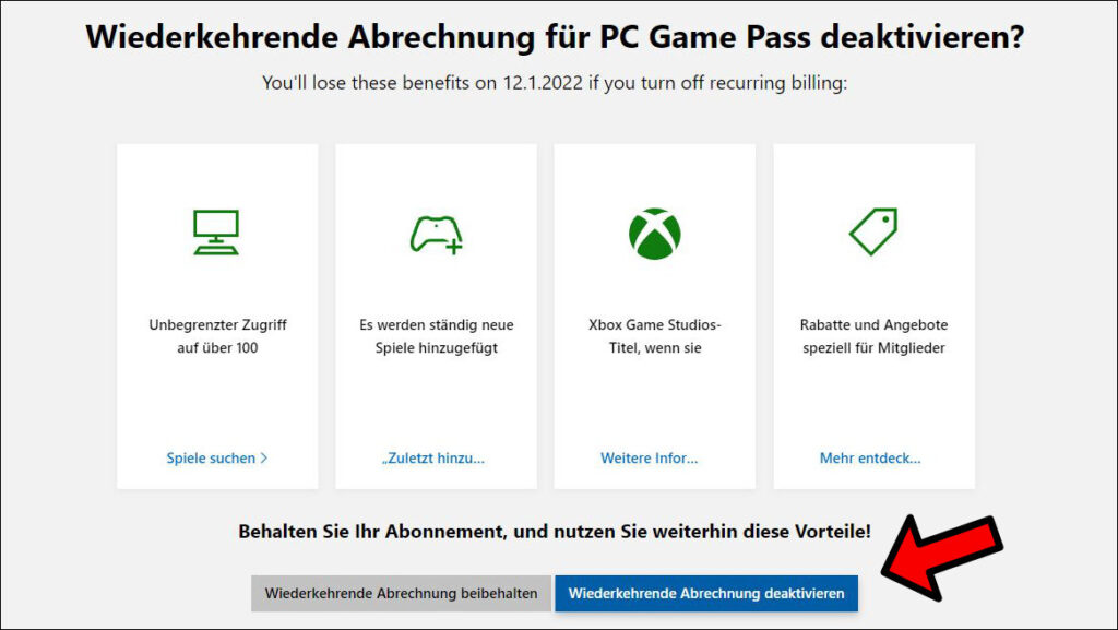 Xbox Game Pass Abrechnung deaktivieren