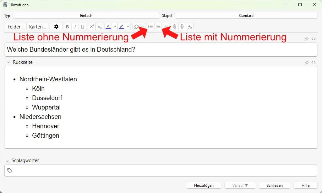 Anki Nummerierung Liste erstellen